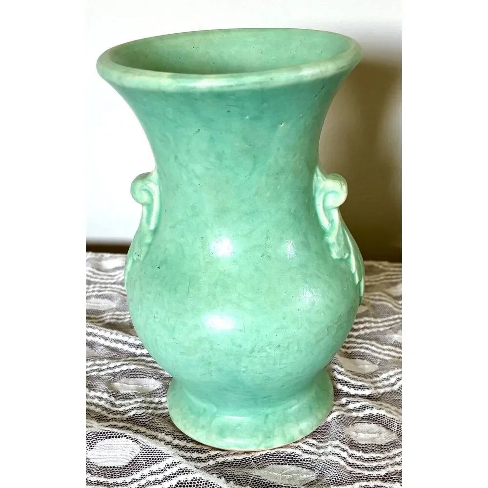 VTG McCoy Pottery Vase Matte Seafoam Green Arts & Crafts Leaf & Scroll 11.5